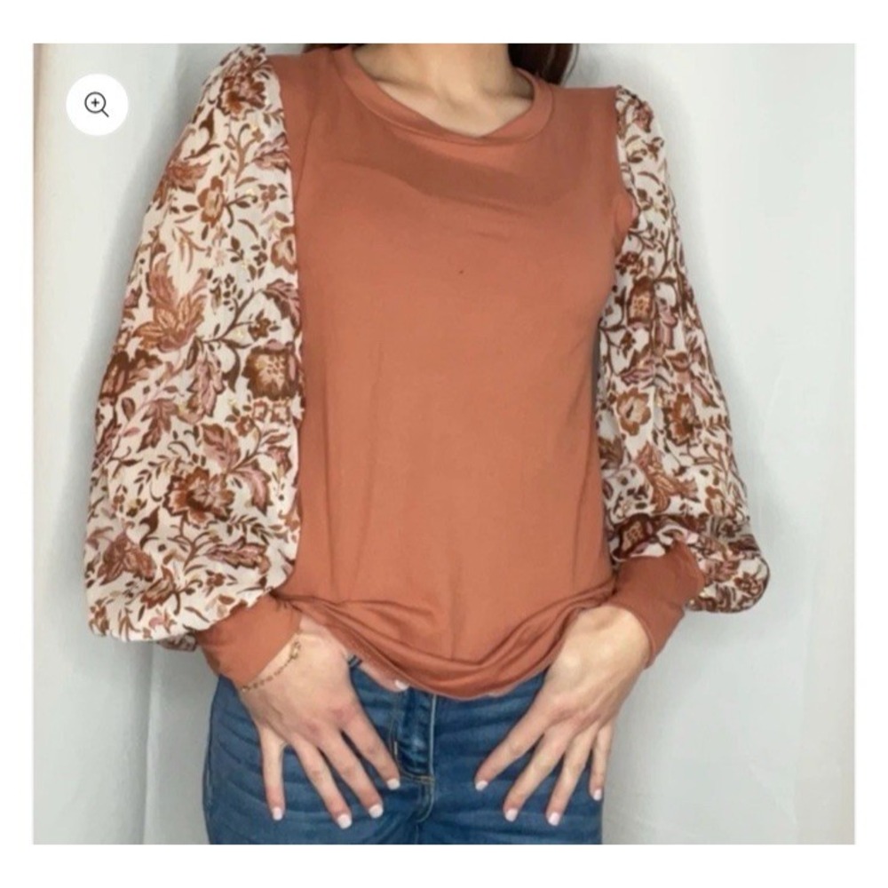 Homebody Peasant Sheer Balloon Sleeve Floral Knit Top Large Rust Fall NWT Boho
